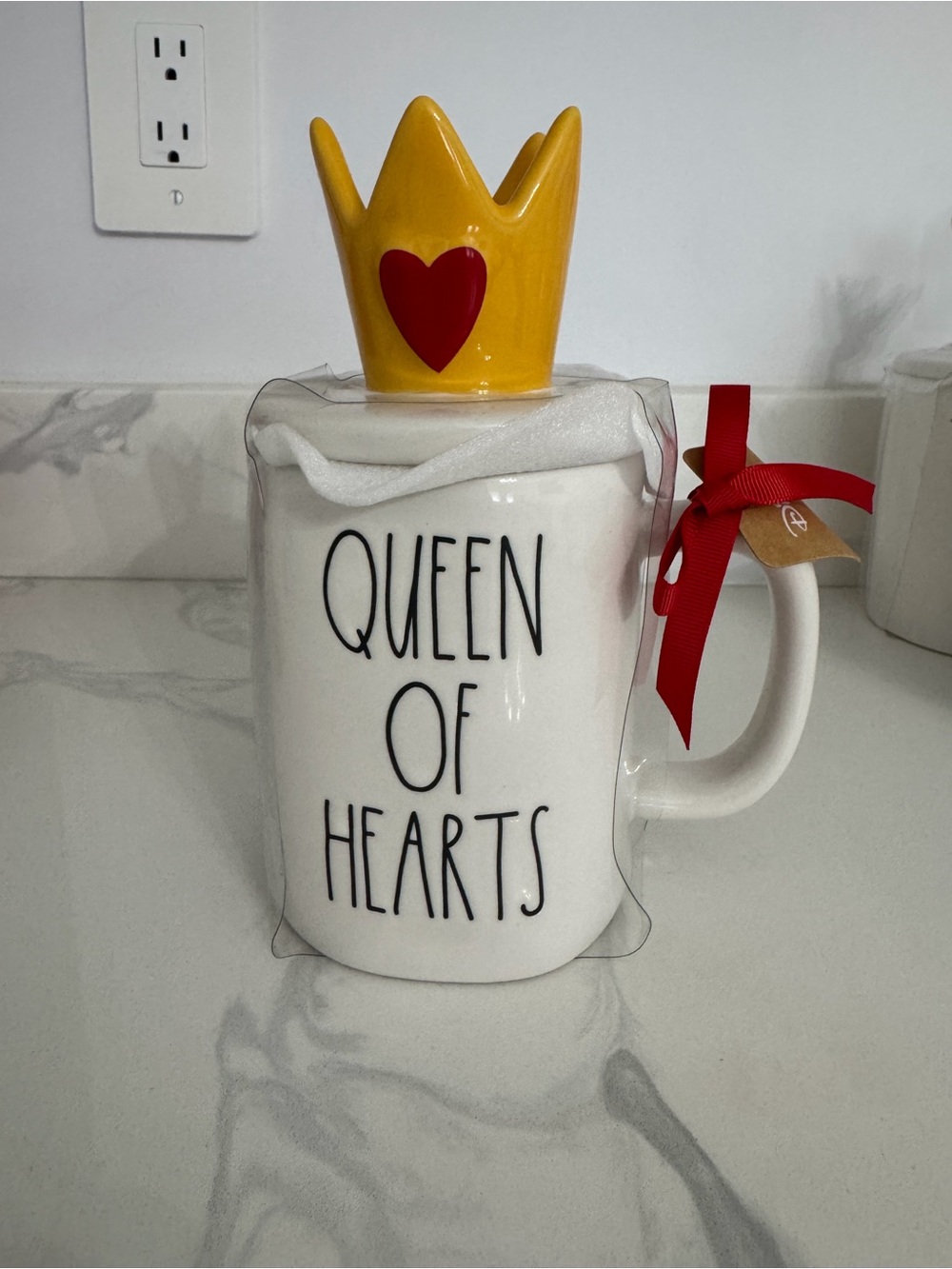 Rae Dunn Queen of Hearts Ceramic Mug with Yellow Crown Lid and Red Heart
